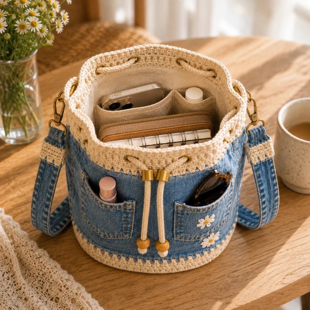 🔥STORT UDSALG 50 % RABAT✨👜Hæklet bucket-taske i denim
