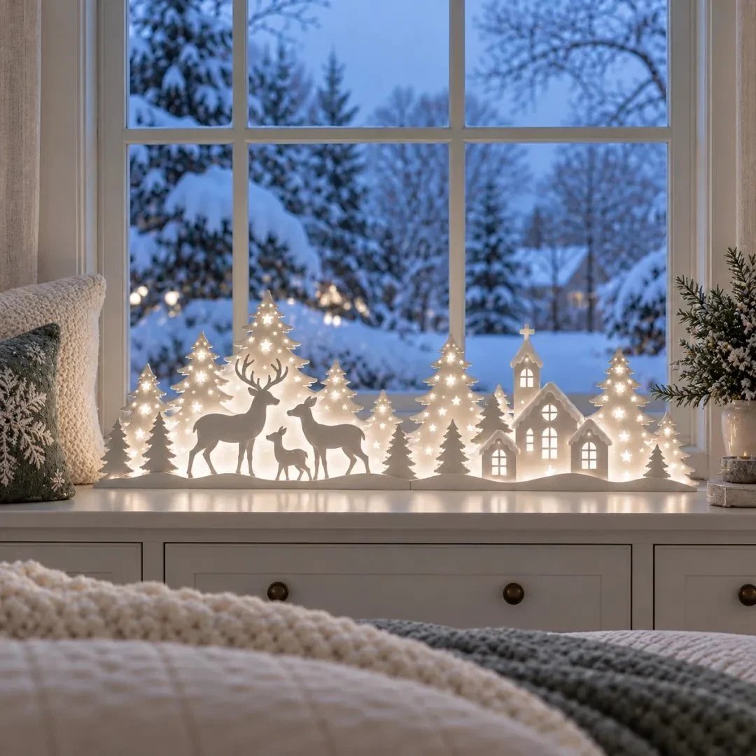 🦌 Lysende julepynt til vinduet – rensdyr og landsby | 2-delt LED-sæt ✨