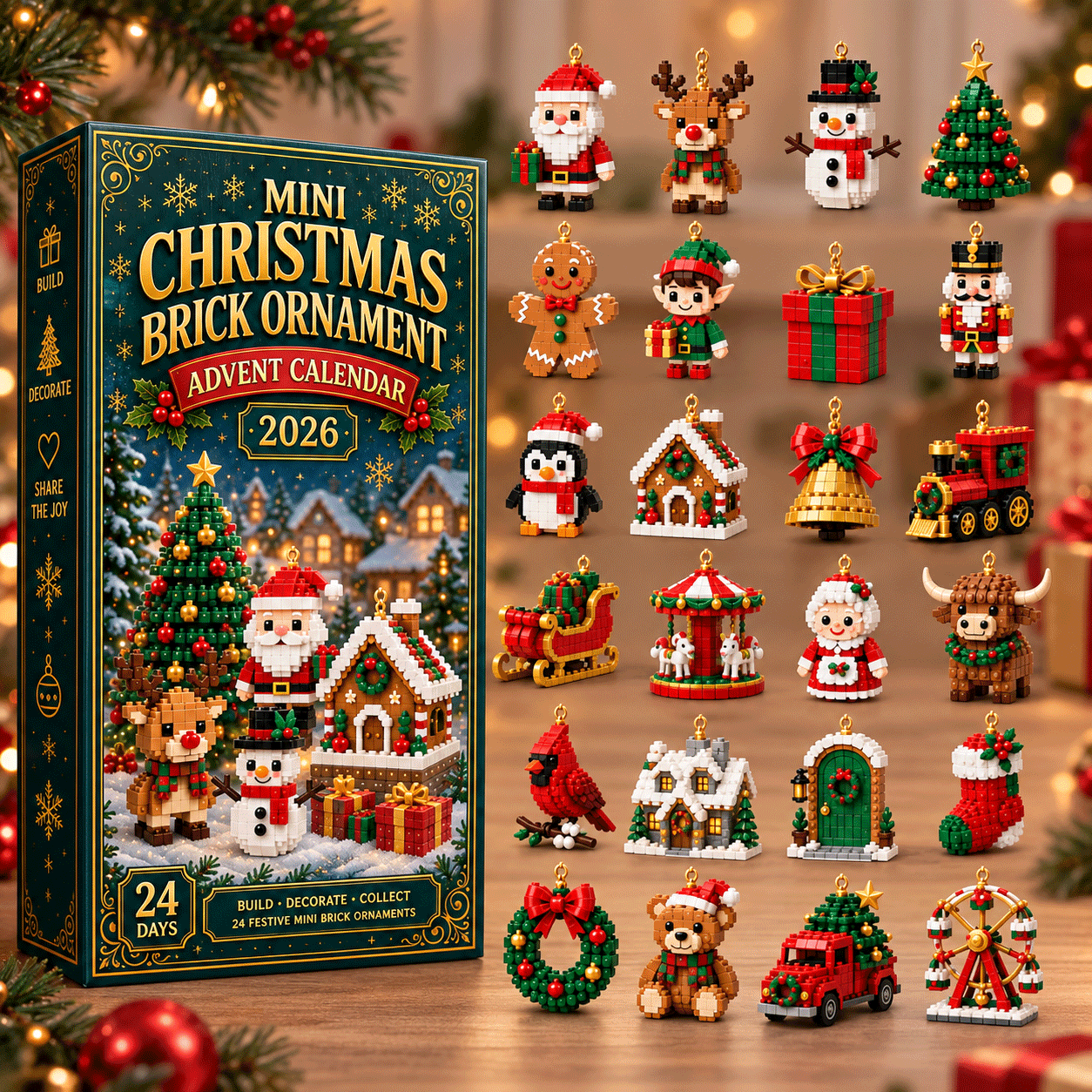 🎄24-dages mini-julekalender med byggeklodser | 24 unikke julemotiver, der kan samles, med ophæng til juletræer, guirlander og julepynt 🧱