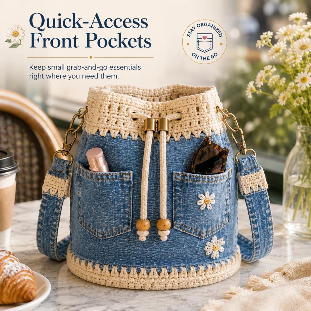 🔥STORT UDSALG 50 % RABAT✨👜Hæklet bucket-taske i denim