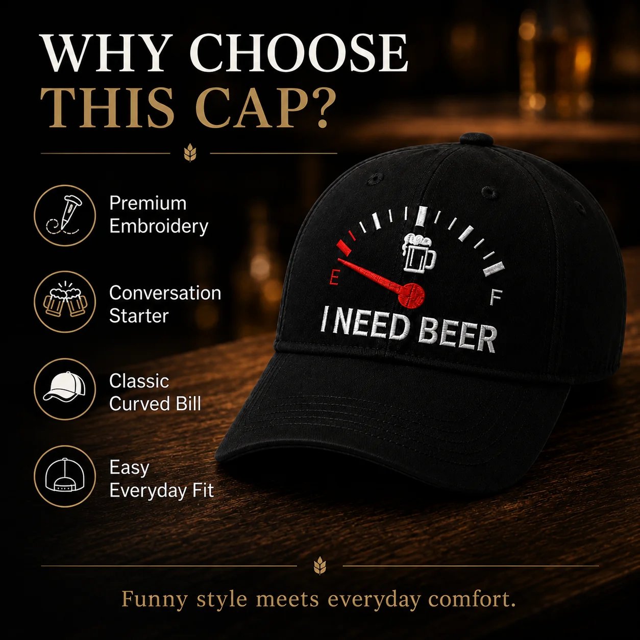 🍺 »I NEED BEER«-broderet baseballkasket – Unisex-kasket til minde🧢 100 % bomuld