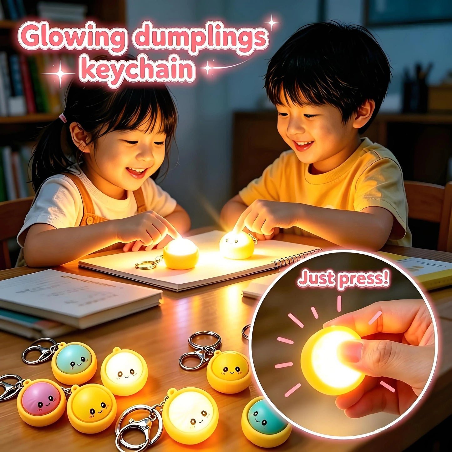 🟔  Sød fidget-nøglering i form af en dumpling, der kan trykkes på – med berøringsfølsomt lys