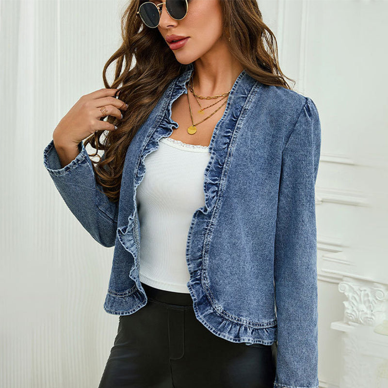 🧥 BEGRÆNSET TILBUD: 50 % RABAT! ✨ Denimjakke til kvinder – åben foran, flæsekant, let, klassisk vask ✨