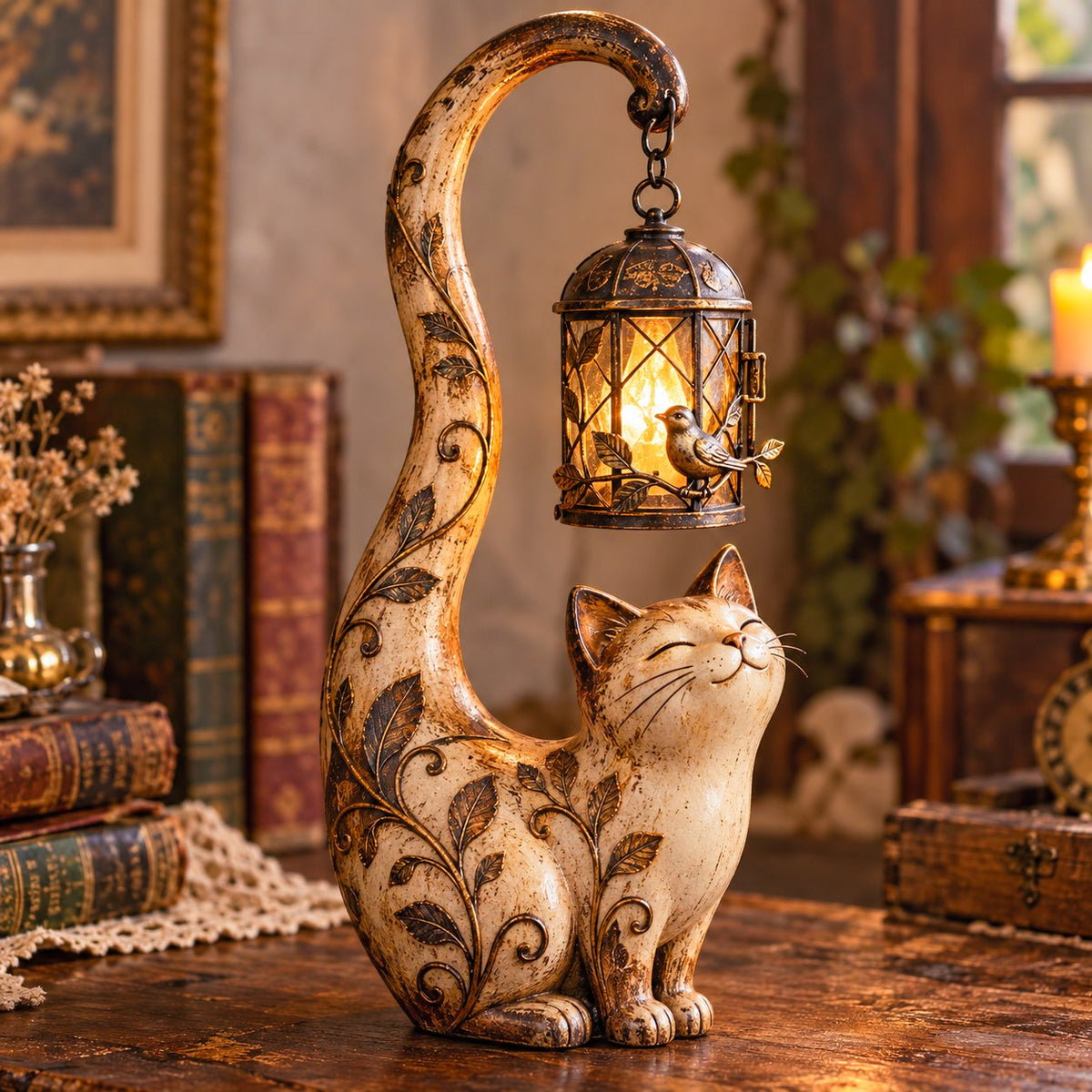 🐈‍⬛Vintage katte-lanterne-skulpturlampe – en lille vogter af varme, minder og hyggelige hjørner✨