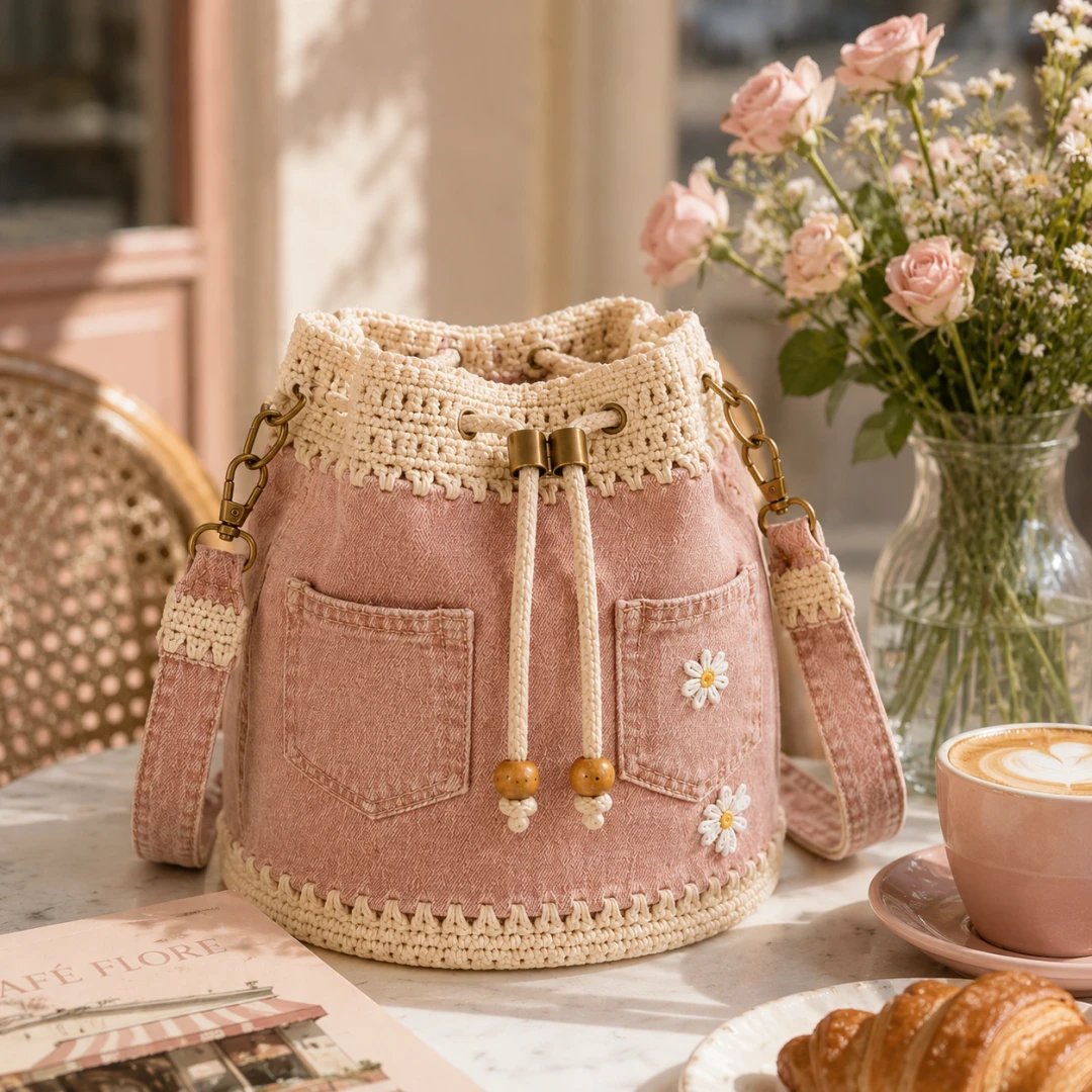 🔥STORT UDSALG 50 % RABAT✨👜Hæklet bucket-taske i denim