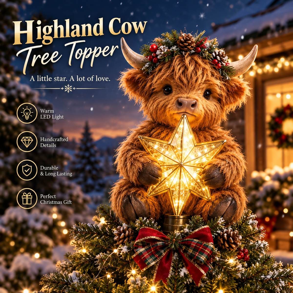 🎄Baby-Highland-ko med lysende stjerne som juletræspynt✨
