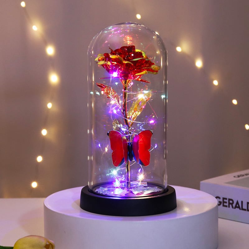 🌹Evig sommerfuglrose i glaskuppel med LED-lys