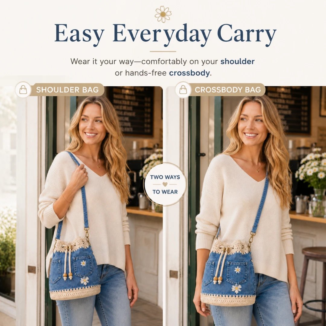 🔥STORT UDSALG 50 % RABAT✨👜Hæklet bucket-taske i denim