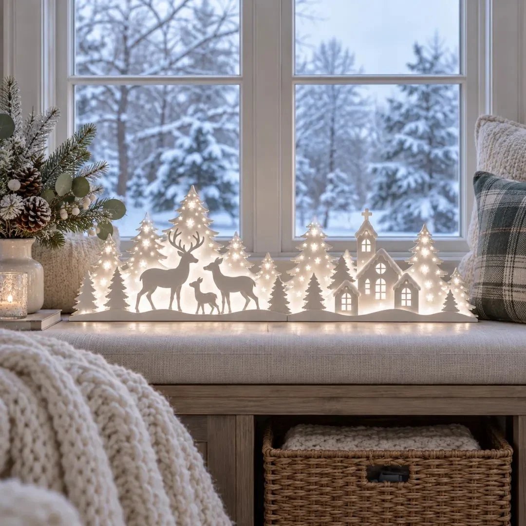 🦌 Lysende julepynt til vinduet – rensdyr og landsby | 2-delt LED-sæt ✨