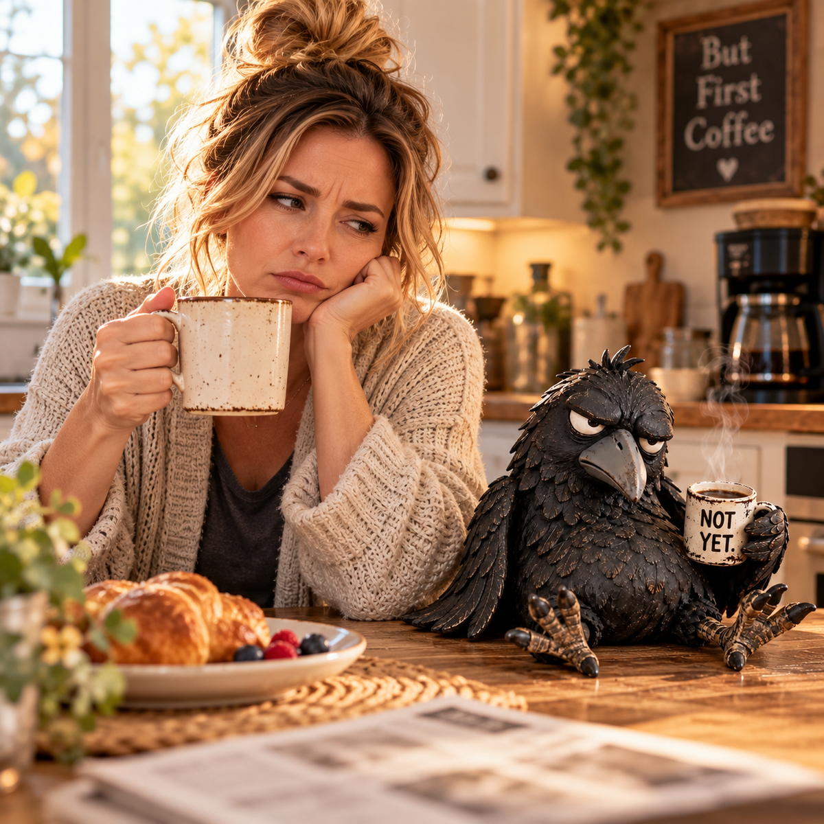 Grumpy Coffee-ravn-figur – »Ikke endnu« – sjov morgenpynt