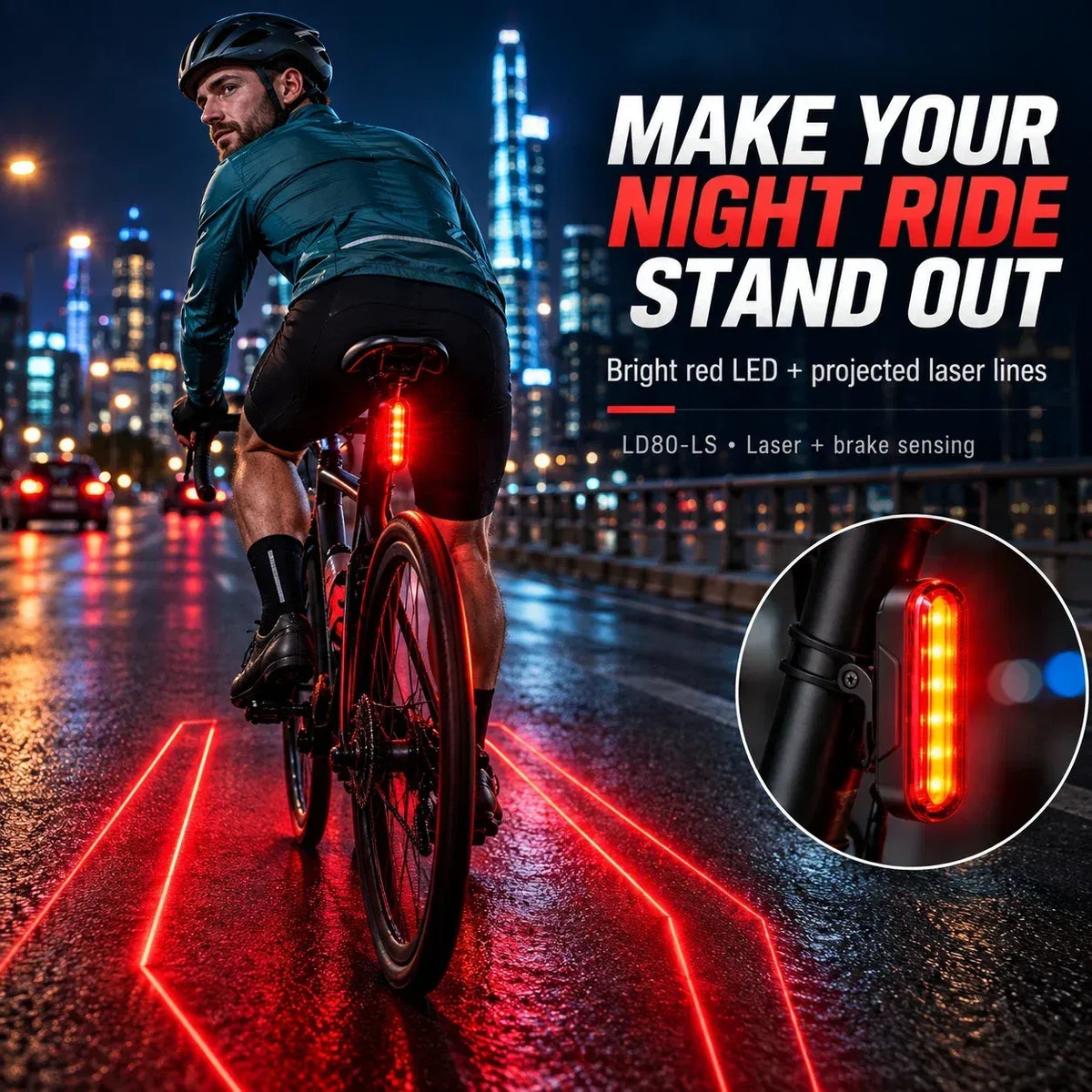 🚨 LED-baglygte til cykel med intelligent bremsesensor | Lasermarkeret sikkerhedszone og 22 timers batterilevetid (2 monteringsbeslag medfølger)