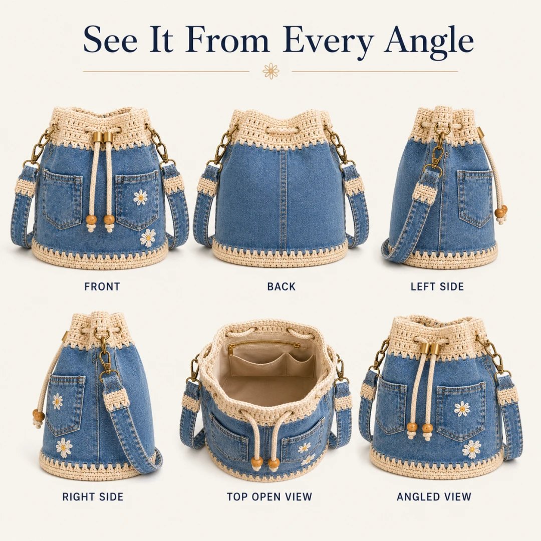 🔥STORT UDSALG 50 % RABAT✨👜Hæklet bucket-taske i denim