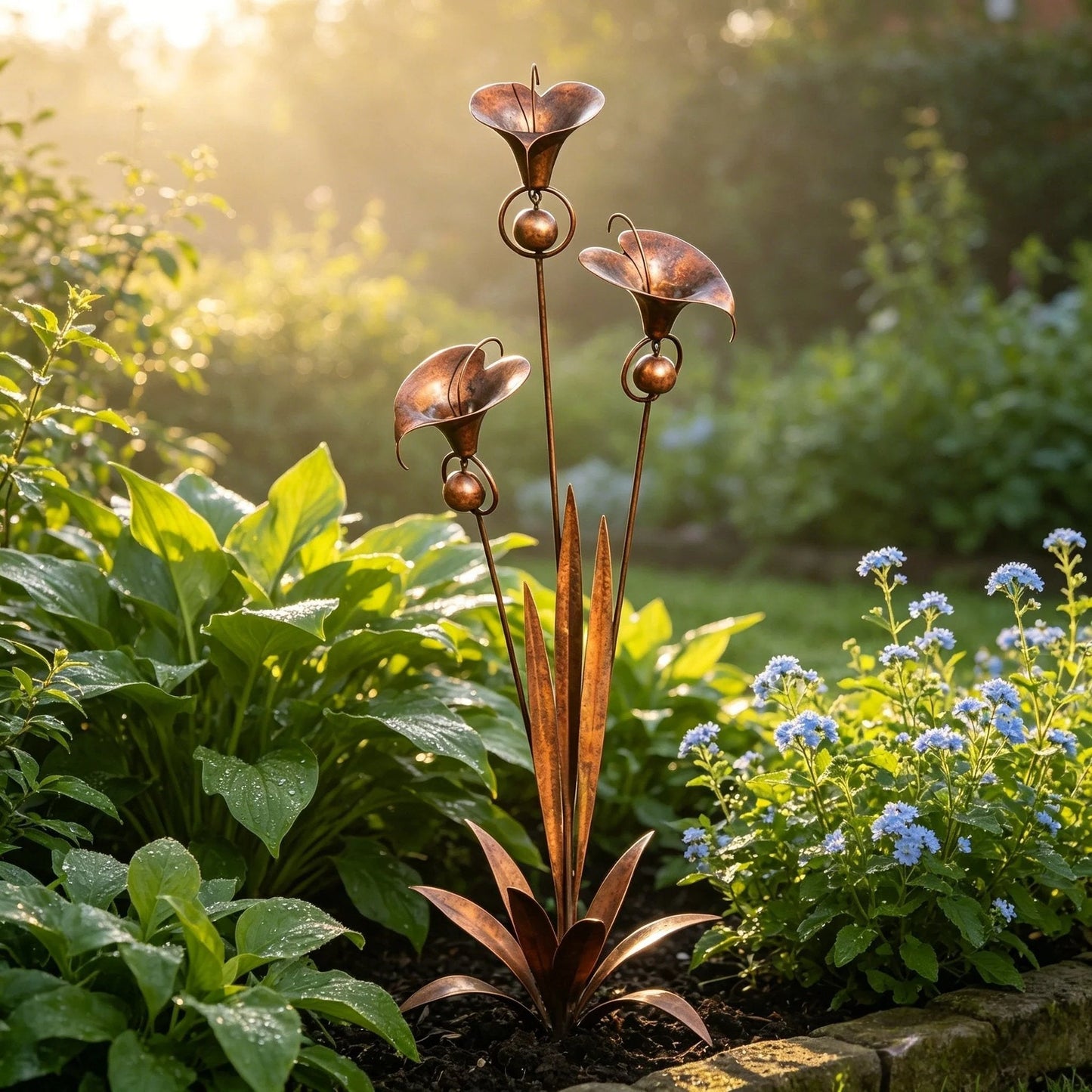 🏡Havepind i flammeret kobber med tre calla-liljer og klokker