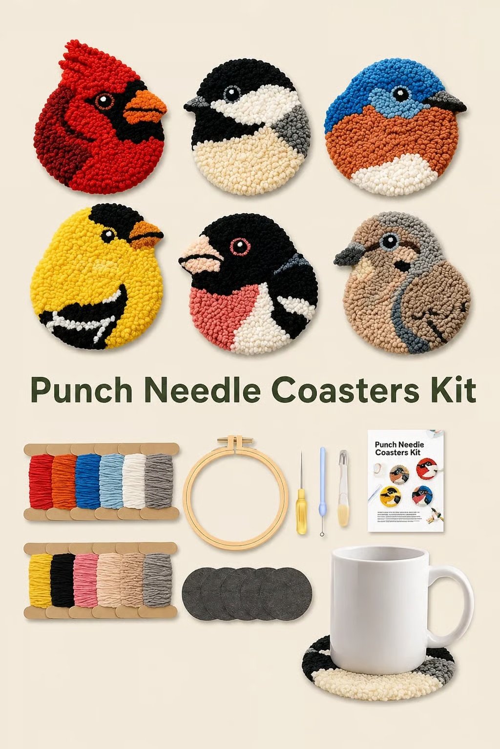🧵Begyndervenligt🐦DIY-sæt til fugleunderlag med punch needle