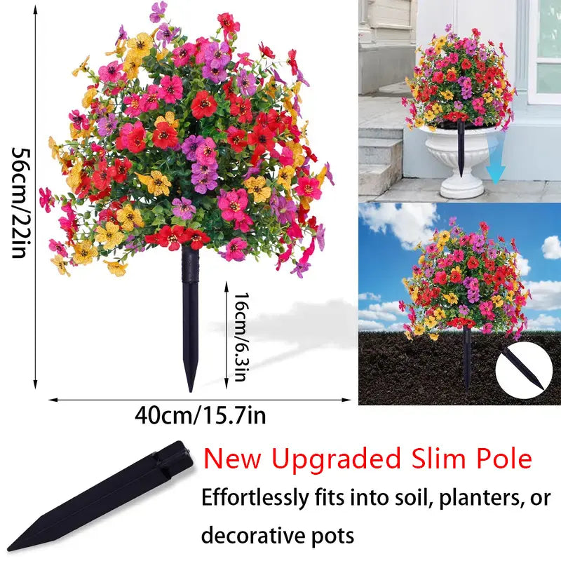 Blomsterdekoration med kunstige eukalyptus- og violer, der stikkes ned i jorden