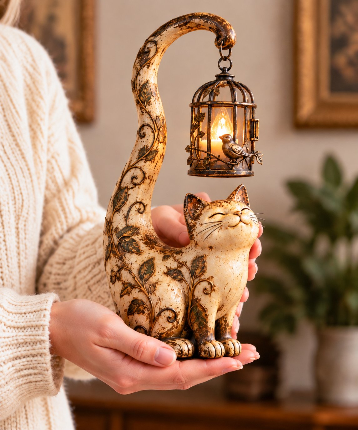 🐈‍⬛Vintage katte-lanterne-skulpturlampe – en lille vogter af varme, minder og hyggelige hjørner✨