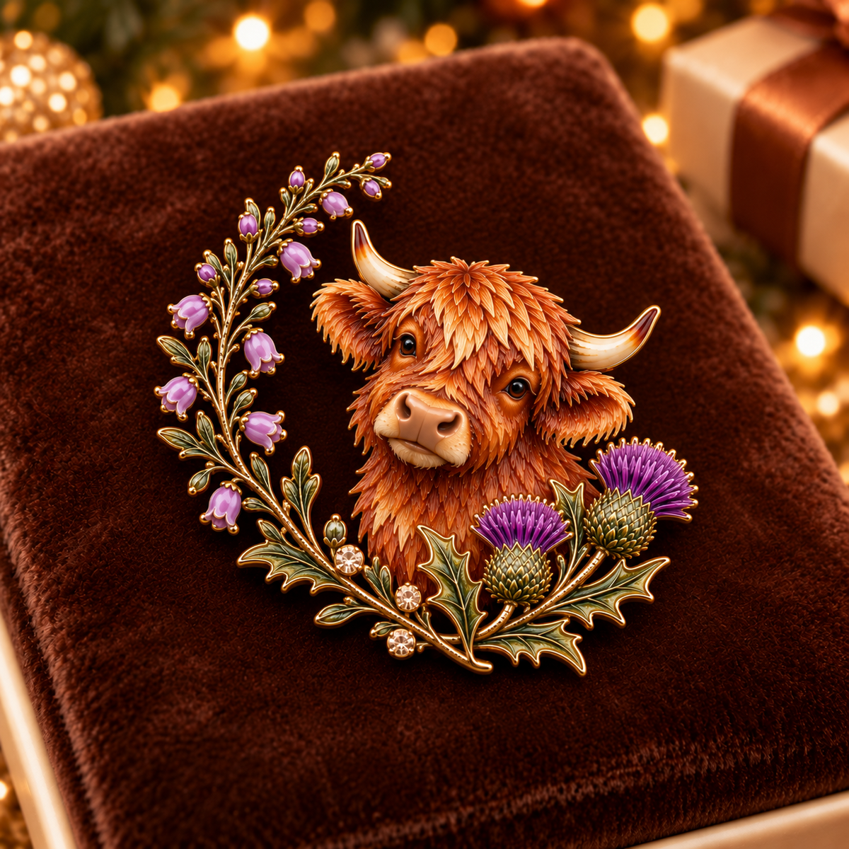 🐮Highland-ko og tidsel 🏴󠁧󠁢󠁳󠁣󠁴󠁿 Emaljebroche med skotsk kulturarv