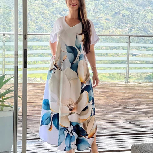 Løse, afslappede, kortærmede kjoler med V-hals og tryk til kvinder🌸