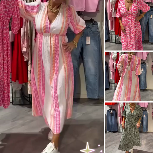 🌞Mønstret kjole med V-udskæring og halterneck i ryggen