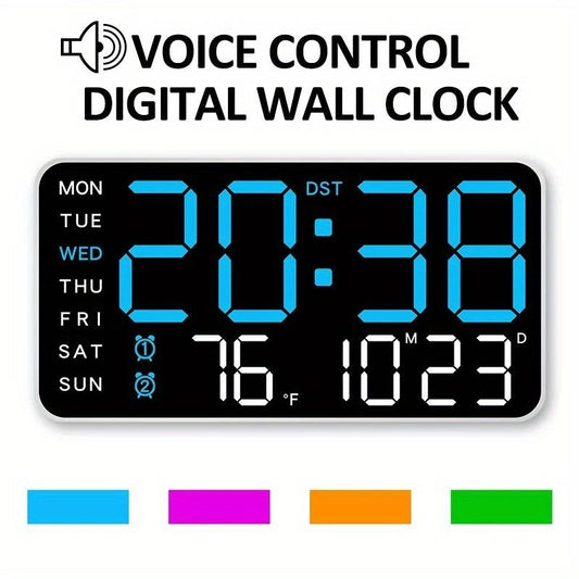 Stort digitalt vægur med LED-display, dato og termomete