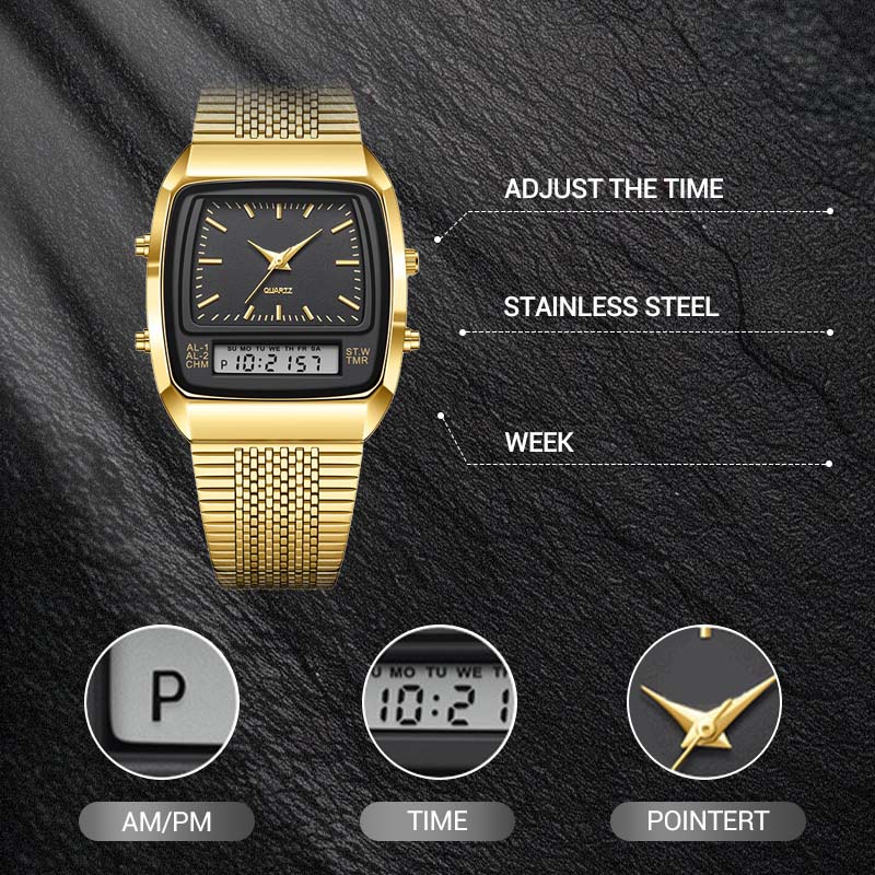 ⌚ 50 % RABAT I BEGRÆNSET PERIODE! 💥 Multifunktionsur i retrostil med firkantet urskive – dobbelt display, zinklegering, rustfrit stål ✨
