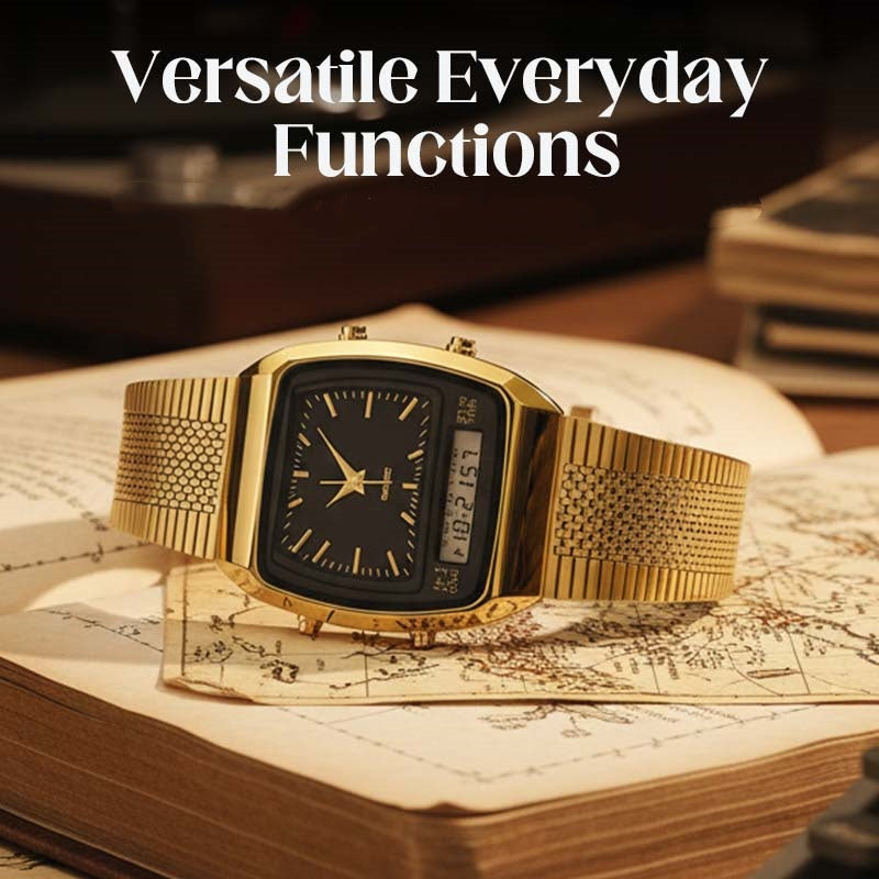 ⌚ 50 % RABAT I BEGRÆNSET PERIODE! 💥 Multifunktionsur i retrostil med firkantet urskive – dobbelt display, zinklegering, rustfrit stål ✨