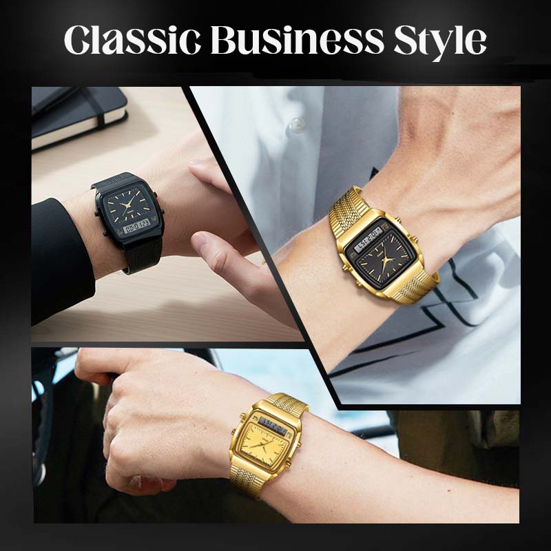 ⌚ 50 % RABAT I BEGRÆNSET PERIODE! 💥 Multifunktionsur i retrostil med firkantet urskive – dobbelt display, zinklegering, rustfrit stål ✨