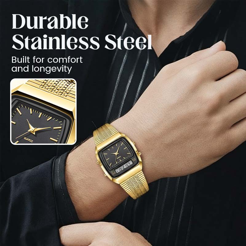 ⌚ 50 % RABAT I BEGRÆNSET PERIODE! 💥 Multifunktionsur i retrostil med firkantet urskive – dobbelt display, zinklegering, rustfrit stål ✨