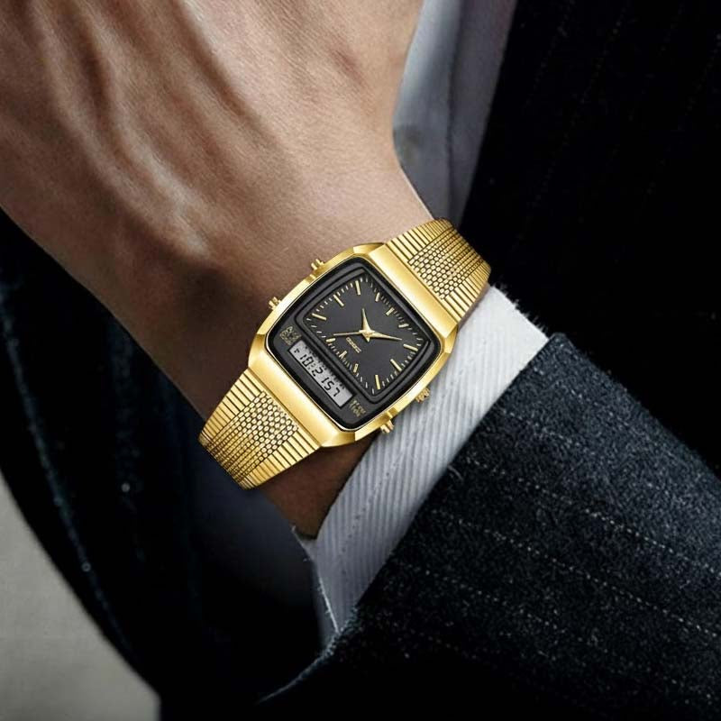 ⌚ 50 % RABAT I BEGRÆNSET PERIODE! 💥 Multifunktionsur i retrostil med firkantet urskive – dobbelt display, zinklegering, rustfrit stål ✨