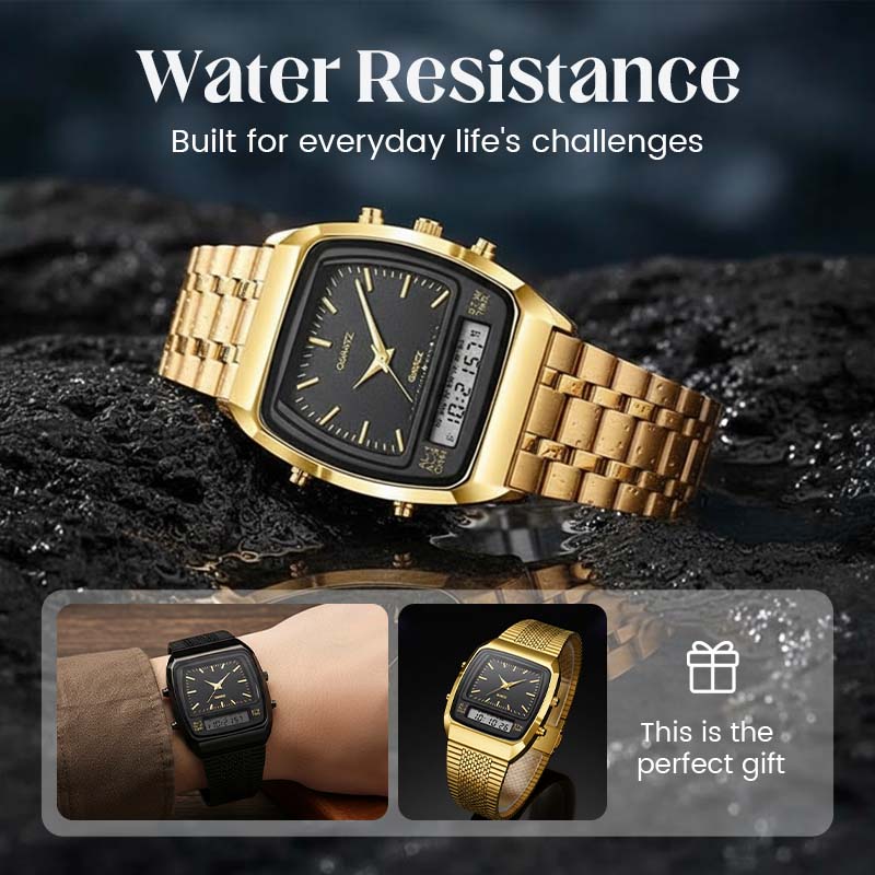 ⌚ 50 % RABAT I BEGRÆNSET PERIODE! 💥 Multifunktionsur i retrostil med firkantet urskive – dobbelt display, zinklegering, rustfrit stål ✨