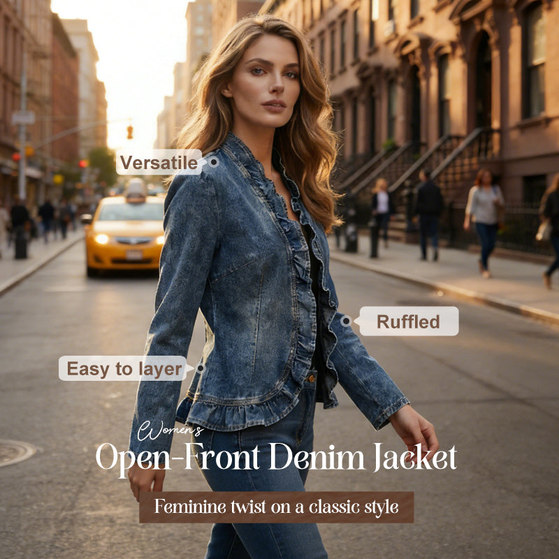 🧥 BEGRÆNSET TILBUD: 50 % RABAT! ✨ Denimjakke til kvinder – åben foran, flæsekant, let, klassisk vask ✨