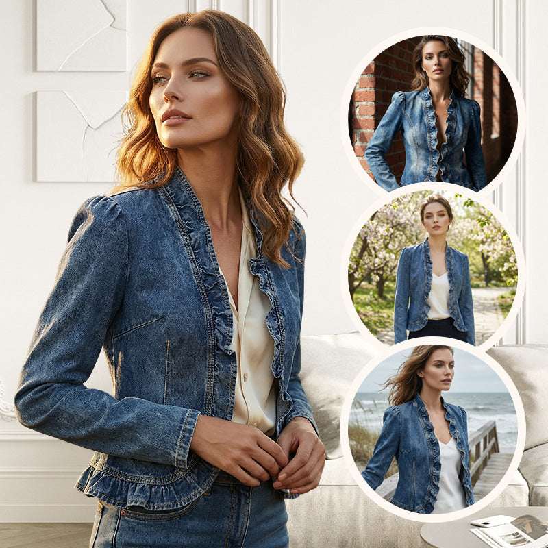 🧥 BEGRÆNSET TILBUD: 50 % RABAT! ✨ Denimjakke til kvinder – åben foran, flæsekant, let, klassisk vask ✨