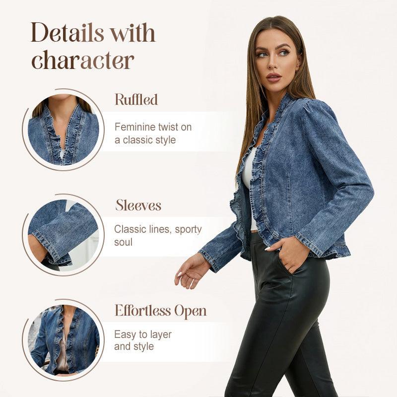 🧥 BEGRÆNSET TILBUD: 50 % RABAT! ✨ Denimjakke til kvinder – åben foran, flæsekant, let, klassisk vask ✨