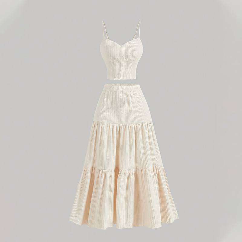 👗 Sæt bestående af en A-formet nederdel med høj talje og en tanktop – Boho-chic stil, krøllet stof og justerbar pasform 🌿