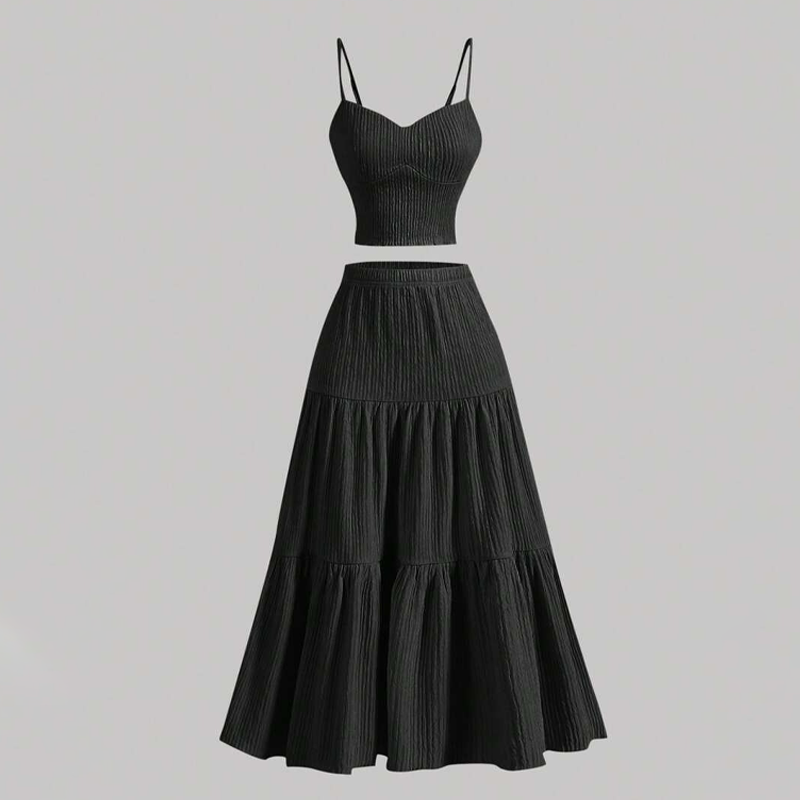 👗 Sæt bestående af en A-formet nederdel med høj talje og en tanktop – Boho-chic stil, krøllet stof og justerbar pasform 🌿