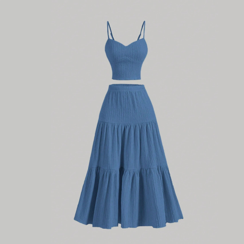 👗 Sæt bestående af en A-formet nederdel med høj talje og en tanktop – Boho-chic stil, krøllet stof og justerbar pasform 🌿