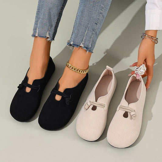 🟔 Slip-on-ballerinasko i imiteret ruskind til kvinder – tidløst design med rebknude i sort og beige 🍂