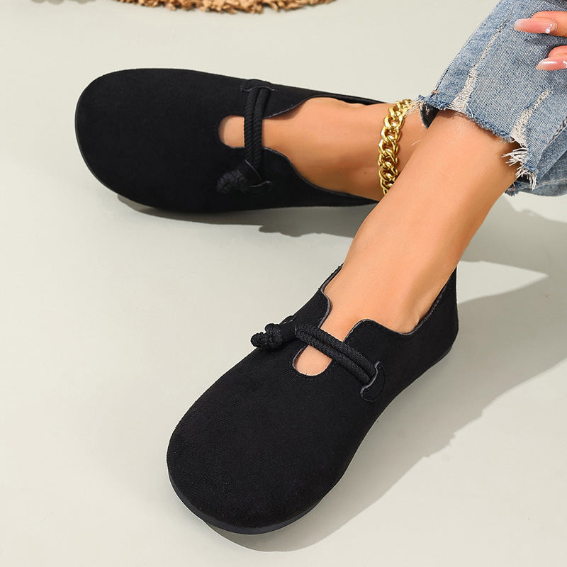 🟔 Slip-on-ballerinasko i imiteret ruskind til kvinder – tidløst design med rebknude i sort og beige 🍂