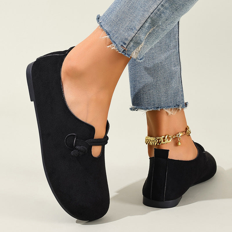 🟔 Slip-on-ballerinasko i imiteret ruskind til kvinder – tidløst design med rebknude i sort og beige 🍂