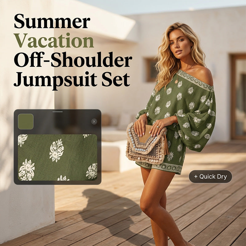 🏖️ BEGRÆNSET TILBUD: 50 % RABAT! ✨ Boheme-inspireret jumpsuit med bare skuldre – vintage-print, ferie, afslappet ✨