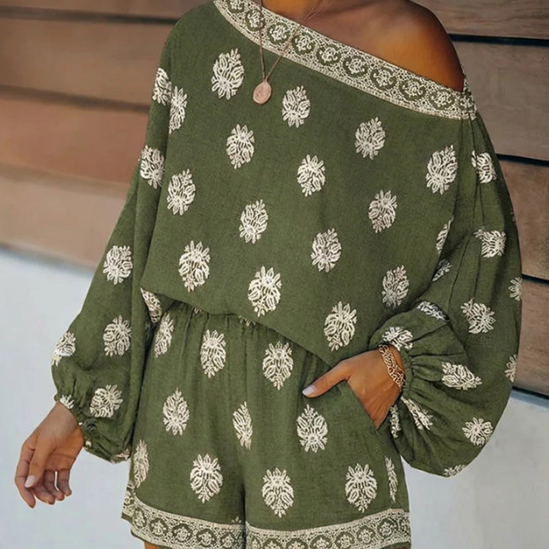 🏖️ BEGRÆNSET TILBUD: 50 % RABAT! ✨ Boheme-inspireret jumpsuit med bare skuldre – vintage-print, ferie, afslappet ✨