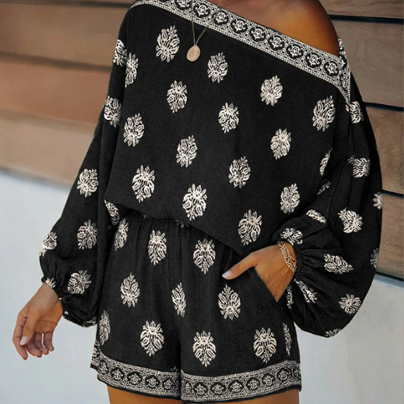 🏖️ BEGRÆNSET TILBUD: 50 % RABAT! ✨ Boheme-inspireret jumpsuit med bare skuldre – vintage-print, ferie, afslappet ✨