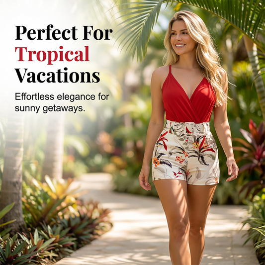 ☀️ BEGRÆNSET TILBUD: 50 % RABAT! ✨ Sæt med V-hals og shorts med høj talje – tropisk mønster, 2-delt feriesæt 🌴