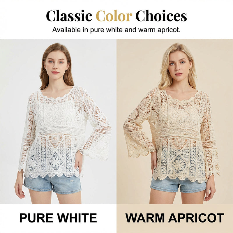 👒 BEGRÆNSET TID: 50 % RABAT! 🌊 Vintage-inspireret bluse med blonder til kvinder – udvidede ærmer, boheme-inspireret strandtøj 🌸