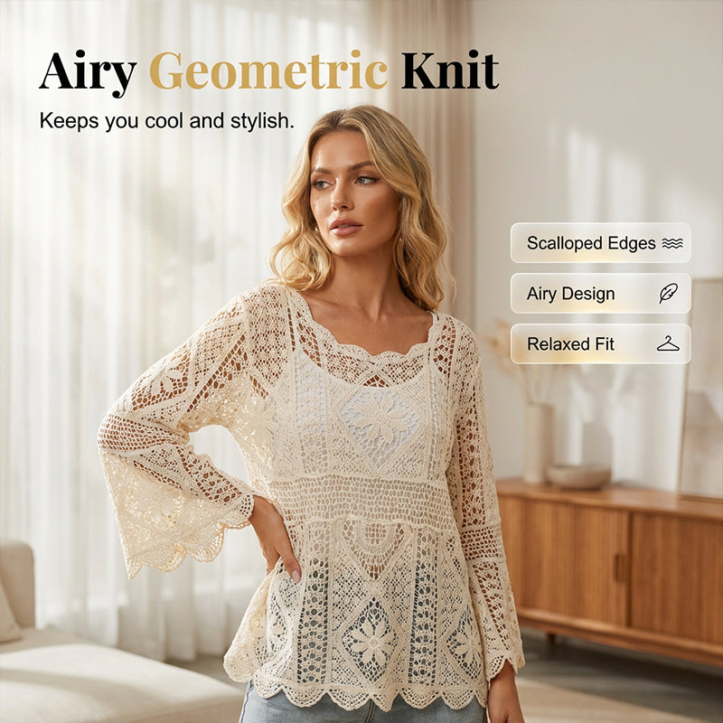 👒 BEGRÆNSET TID: 50 % RABAT! 🌊 Vintage-inspireret bluse med blonder til kvinder – udvidede ærmer, boheme-inspireret strandtøj 🌸