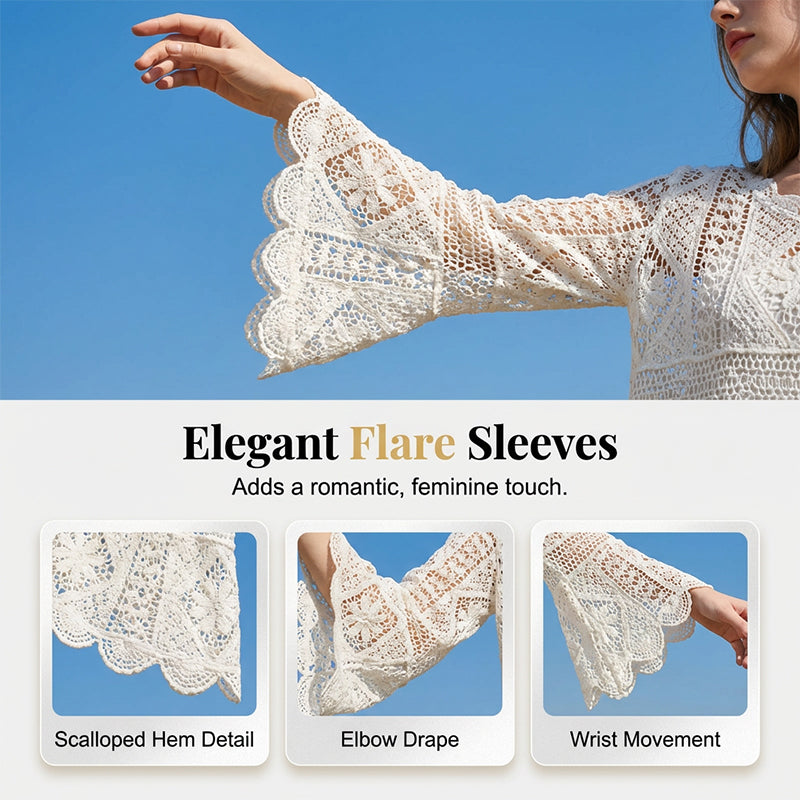 👒 BEGRÆNSET TID: 50 % RABAT! 🌊 Vintage-inspireret bluse med blonder til kvinder – udvidede ærmer, boheme-inspireret strandtøj 🌸