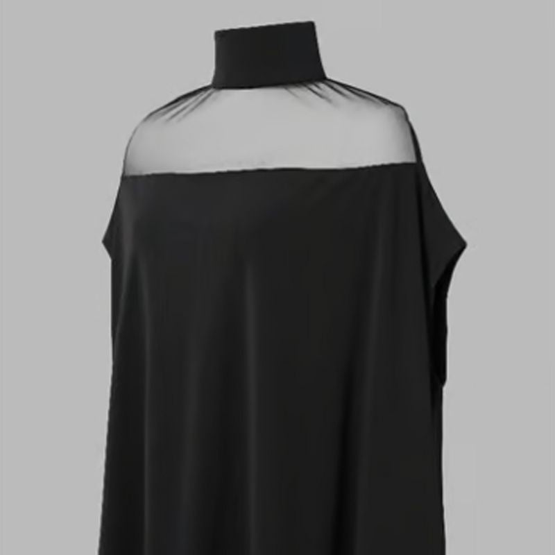 👗 BEGRÆNSET TILBUD: 50 % RABAT! 🦇 Damebluse med høj hals og flagermusærmer – gennemsigtigt indsnit, løs pasform, sort 🍂