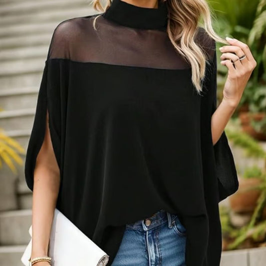 👗 BEGRÆNSET TILBUD: 50 % RABAT! 🦇 Damebluse med høj hals og flagermusærmer – gennemsigtigt indsnit, løs pasform, sort 🍂
