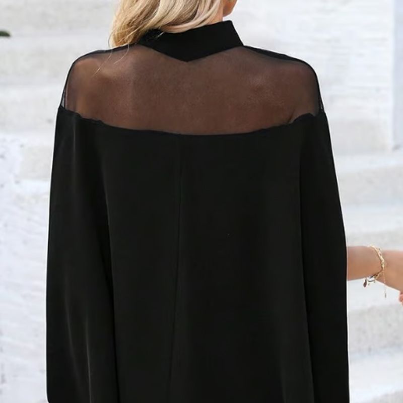👗 BEGRÆNSET TILBUD: 50 % RABAT! 🦇 Damebluse med høj hals og flagermusærmer – gennemsigtigt indsnit, løs pasform, sort 🍂