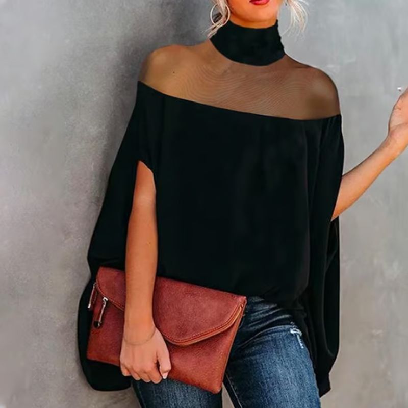 👗 BEGRÆNSET TILBUD: 50 % RABAT! 🦇 Damebluse med høj hals og flagermusærmer – gennemsigtigt indsnit, løs pasform, sort 🍂